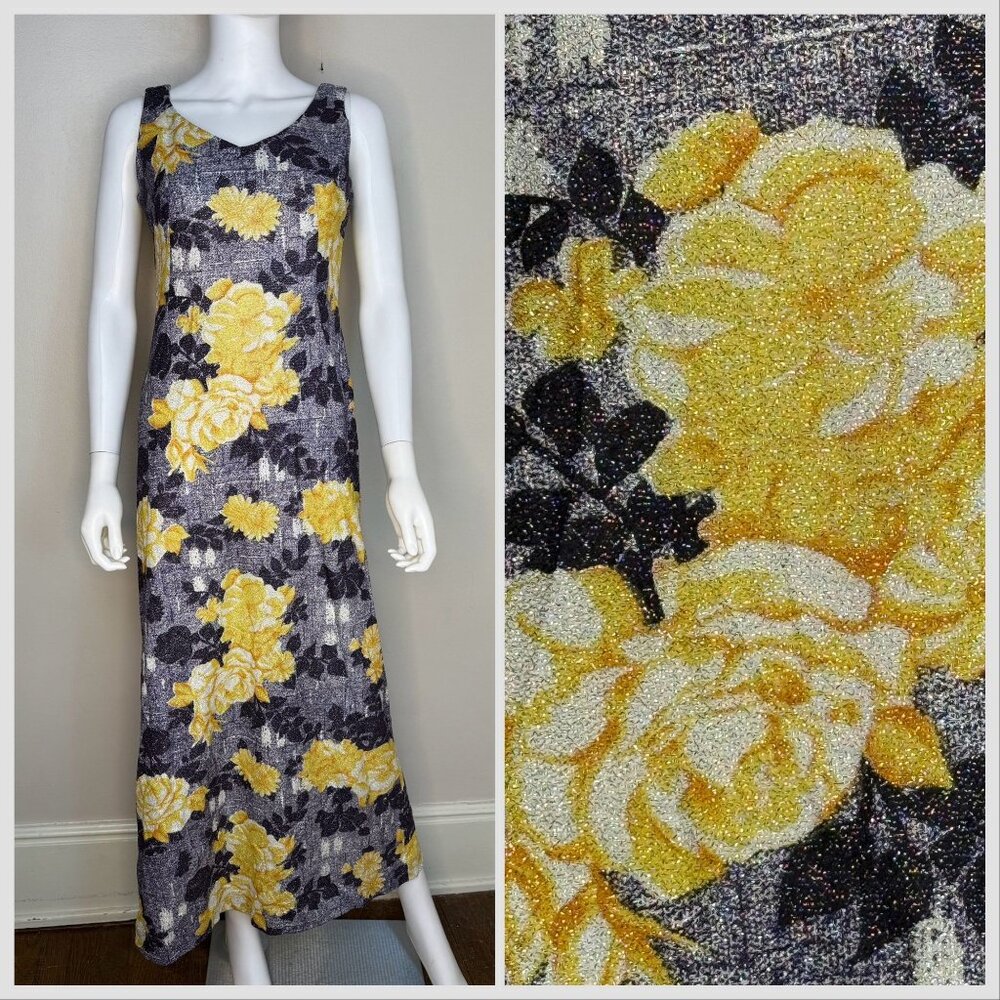 Vintage 1970s Yellow Rose Print Lurex Maxi Dress, Size Medium